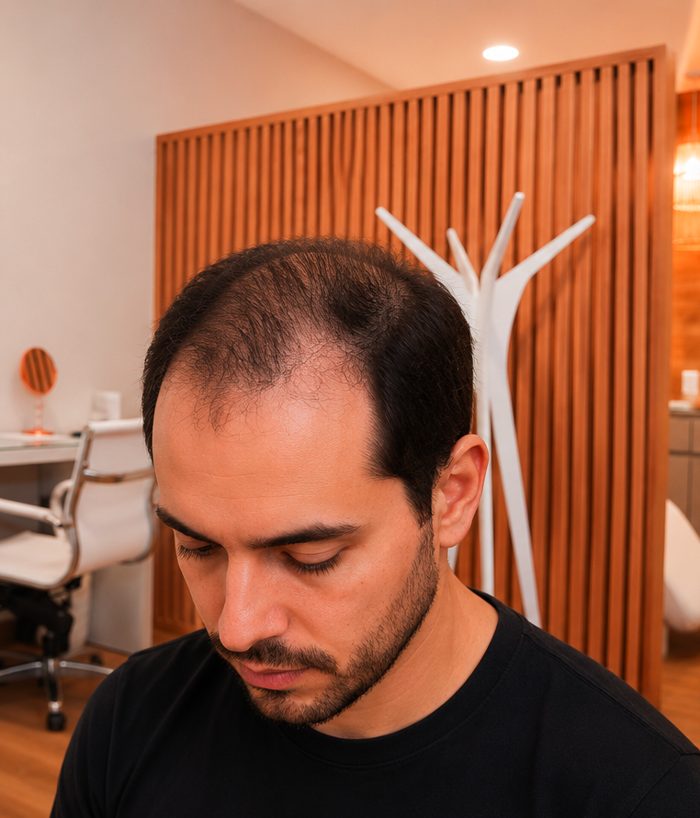 Paciente con alopecia androgenética antes y después de cuatro meses de tratamiento